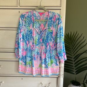 Lilly Pulitzer Marilina Tunic Top Pink and Blue Floral Blouse